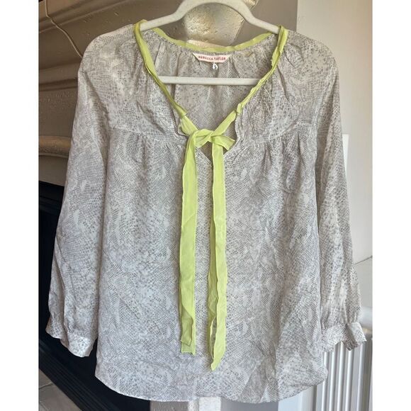 Rebecca Taylor Python Print Silk Blouse Fluorescent Neck Tie Grey Off White Sz 2 - Picture 4 of 10